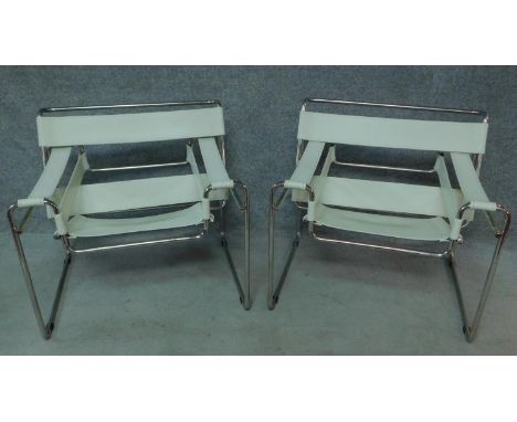 A pair of Vintage Wassily style leather chairs on chrome frame. H.72 W.79 D.66cm 