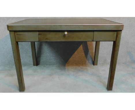 A vintage industrial style metal desk with central drawer and rounded supports. H.78 W.112 D.75cm 