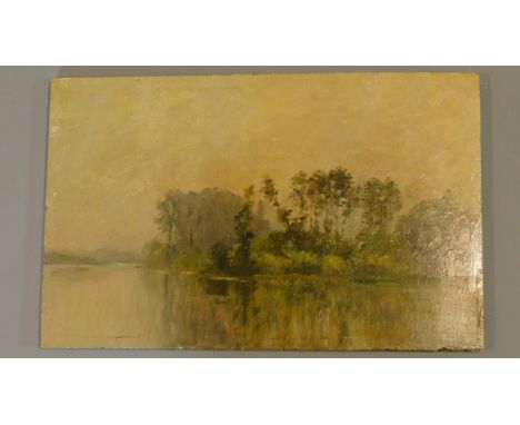 Oil on panel of lakescape signed Hippolyte Camille Delpy.  31x22cm 