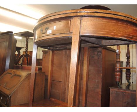 George III mahogany and line inlaid half round card table with a single frieze drawer, raised on six square tapering supports