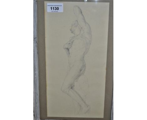 Pencil drawing of a male figure study, housed in an architectural design frame, together with a sepia drawing of a cherub, la