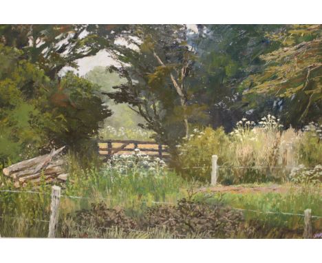 J.H. Rothera, oil on board, wooded rural scene with a five bar gate, signed and dated '72, 16ins x 24ins, gilt framed 