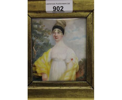 Early 19th Century watercolour portrait miniature on ivory of a lady in yellow, indistinctly signed, 3.5ins x 3ins approximat