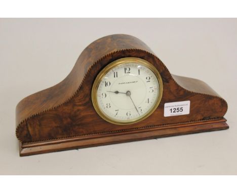 Edwardian figured walnut and chequer inlaid mantel clock, the painted dial with Arabic numerals, signed Mappin & Webb Limited