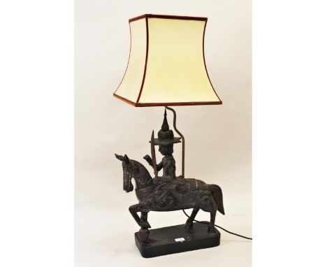 Late 20th Century carved wooden table lamp in the form of an Asian warrior on horseback holding a sword, with antique painted