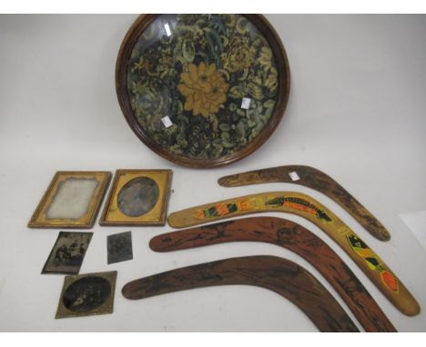 Small circular framed Chinese silk embroidery (at fault), four Australian souvenir boomerangs, two Daguerreotype photographic