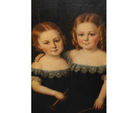 19th Century English school, oil painting on canvas, double portrait of two young sisters, one holding a riding crop, the oth