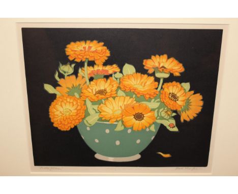 John Hall Thorpe, coloured woodcut print, Marigolds, 9ins x 11.25ins approximately, framedGood condition. Very clean and brig