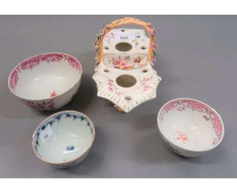 19th Century Coalbrookdale basket form inkwell, 8ins wide together with three 18th Century tea bowls 