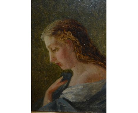 19th Century oil on canvas, head and shoulder portrait of a young lady in blue and white robes, 8ins x 5ins 