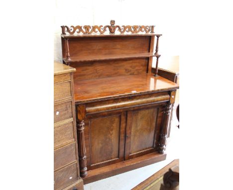 Good quality William IV mahogany chiffonier, the two shelf back above a single frieze drawer and a pair of figured panelled d