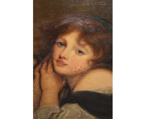 Late 19th / early 20th Century oil on canvas, head and shoulder portrait of a girl with her hands clasped beside her face, 18