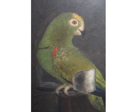 19th Century oil on canvas, loosely laid on board, portrait of a green parrot, signed J. Simson 1871, maple wood framed, 13in