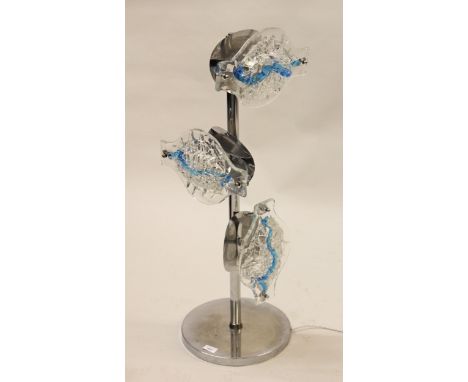 Mid to late 20th Century chrome and Art glass three light floor lamp, 35ins high 