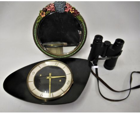 Small barbola table mirror, mid Century battery operated wall clock and a pair of small Leitz binocularsAfter inspection, sti