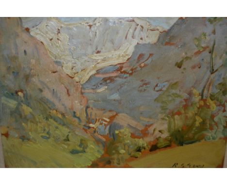 Reginald Grenville Eves, signed oil on panel, landscape with distant snow capped mountains, 10ins x 14ins 