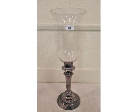 19th Century silver plated oil lamp base with later glass storm shade, 21.5ins high overall 