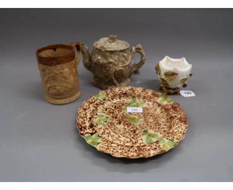 Whieldon type plate decorated with mottled glazes, 9.5ins diameter (at fault), stoneware mug, similar teapot and a Moore Bros