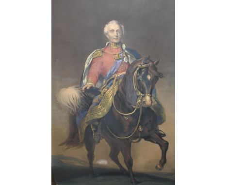 Large 19th Century coloured engraving, portrait of the Duke of Wellington on horseback, 34ins x 24ins, in an arch top mount, 