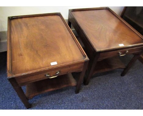 Pair of good quality reproduction mahogany rectangular lamp tables, the tray tops above single end drawers opposed by dummy d
