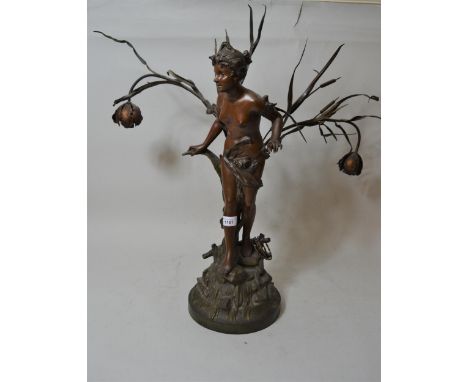 Late 19th / early 20th Century patinated spelter twin light figural table lamp in the form of a semi nude maiden amongst bulr