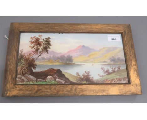 Framed pottery tile painted with a view of Upper Lake Killarney, 6ins x 12ins 