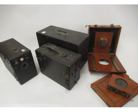 Plate camera and various mahogany plates together with a Hughes & Son box camera 