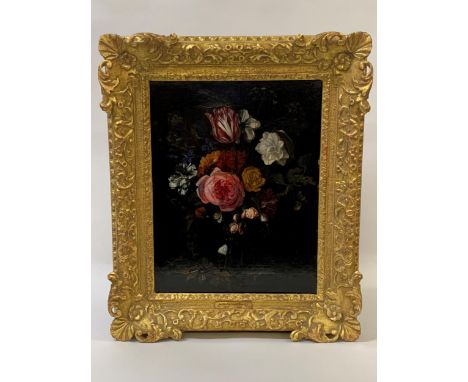 Maria Van Oosterwyck (1630 - 1693), oil on panel ' Glass Vase of Mixed Flowers with Insects on a Marble Slab ', 15.5ins x 12i