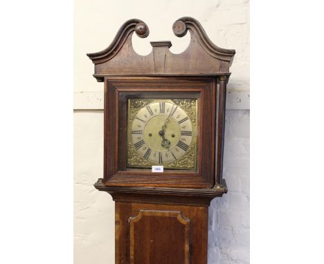 19th Century oak longcase clock, the broken march pediment above a square brass dial with silvered chapter ring, with Roman n