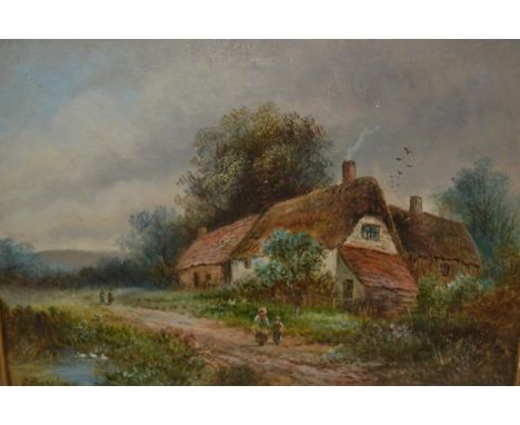 J. Barclay, 19th Century oil on canvas, figures before a thatched cottage, signed 9.5ins x 13.5ins, gilt framed, together wit