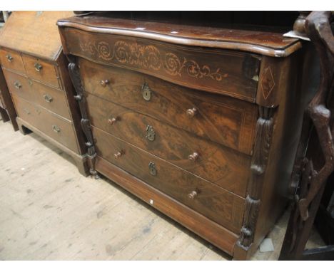 19th Century French walnut and burr elm commode chest, the shaped moulded top above five drawers with knob handles and gilt e