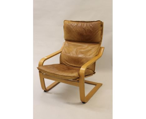 Modern 20th Century bentwood and light tan leather upholstered open arm chair 