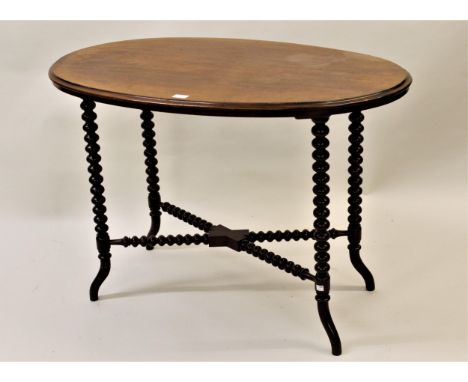 Victorian oval mahogany occasional table on bobbin turned supports with bobbin turned crossover stretcher, 42ins wide approxi