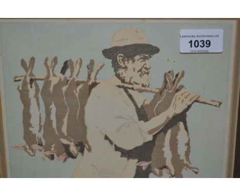 Arthur Rigden Read, signed woodcut print in colours, ' Man With Rabbits ', dated 1924, 8ins x 8.5ins 