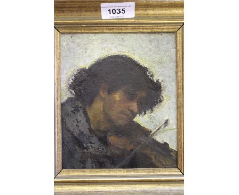 Early 20th Century, oil on panel, portrait of a young man playing the violin, indistinctly signed ' Godward '??? 