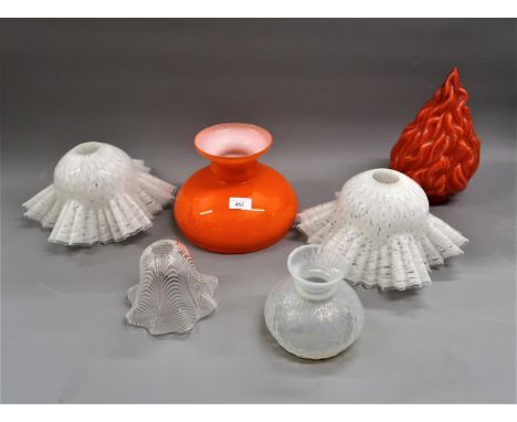 1960's Holmegaard orange glass shade, five other various glass lampshades and a lamp base 