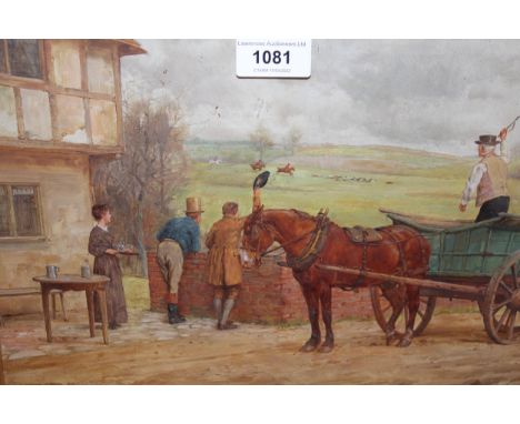 George Goodwin Kilburne, late 19th Century oil on panel, with figures and horse and cart outside an Inn, viewing a distant hu