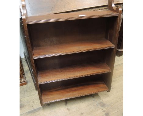 Mahogany four shelf wall bracket together with a rectangular parquetry inlaid occasional table 