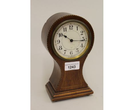 Edwardian mahogany and chequer line inlaid balloon shaped mantel clock, 8.25ins high 
