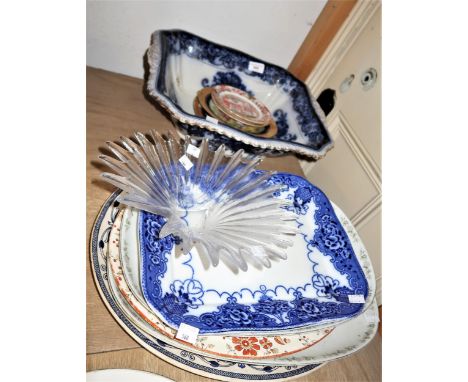 Victorian pottery wash basin, quantity of pottery meat plates, two pairs of small plates and a glass bowl 
