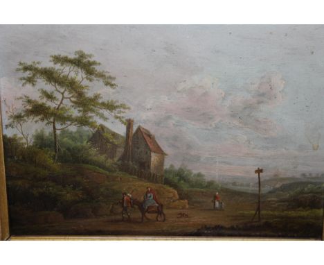 19th Century Continental oil on panel, figures and horse on a track within a landscape before a building, in a 19th Century g