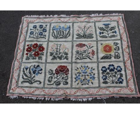 Small needlepoint rug with floral panel design on a cream ground with borders, 3ft 10ins x 3ft approximately, together with a