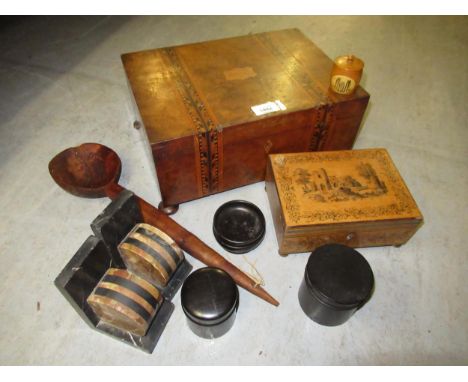 19th Century walnut and parquetry inlaid work box, the hinged cover enclosing a fitted interior with lift-out tray, 13.25ins 
