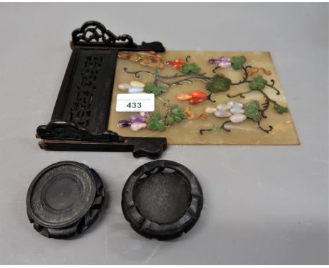 Late 19th / early 20th Century Chinese jadeite and hardstone plaque, the opaque background panel applied with various coloure