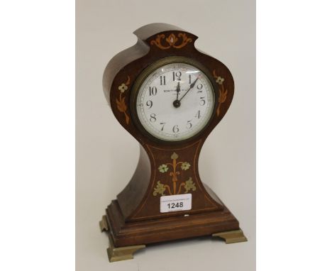 Edwardian mahogany and marquetry inlaid balloon shaped mantel clock by Bennetfink & Co. Limited, together with another inlaid