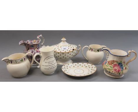 Late 18th / early 19th Century English pearlware sauce tureen cover and stand (handle restored), together with two 19th Centu