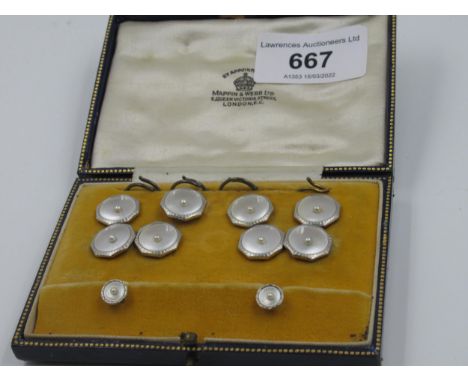 Cased Mappin & Webb 9ct gold and platinum dress stud set, with cufflinks, mounted with sea pearls and mother of pearl 