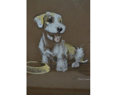 Philip B. Longson, signed gouache and pastel portrait of a puppy waiting by a feeding bowl, 15ins x 11ins 