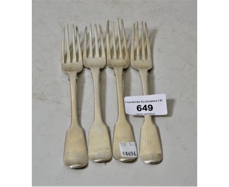 Irish silver fiddle pattern table fork and three various London silver fiddle pattern table forks, 5 troy ounces 