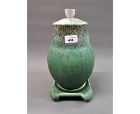 Ruskin pottery table lamp base decorated with a green mottled matt glaze, 11.5ins high 